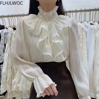 Shirts Blouses Women Fashion Long Sleeve Elegant Office Lady Work Solid White Ruffled Chic Tops Blusas Lomwn