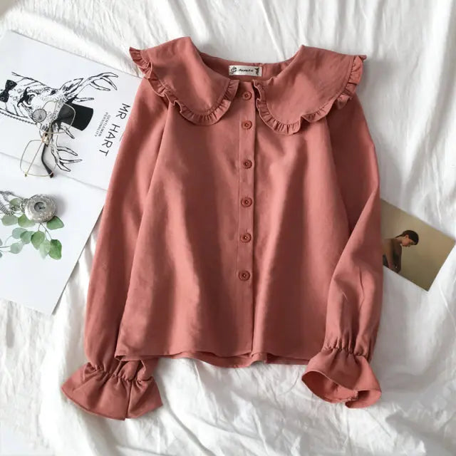 Shirts Women Peter Pan Collar Korean Style Trendy Fashion Students Kawaii Lovely Daily Streetwear Womens Casual Blouses Lomwn