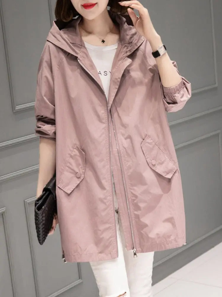 Spring Autumn New Thin Windbreaker Fashion Oversized Hooded Jacket Coat Temperament Casual Top Women Coat Trench Coat Clothes Lomwn