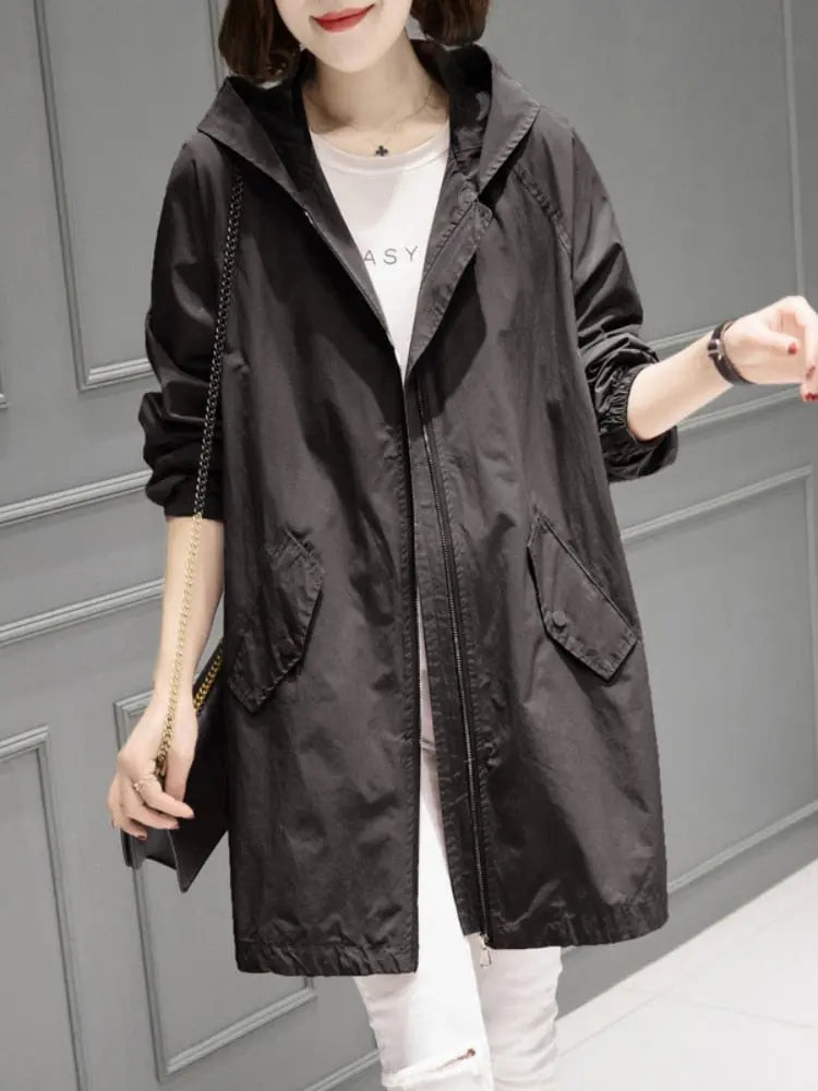 Spring Autumn New Thin Windbreaker Fashion Oversized Hooded Jacket Coat Temperament Casual Top Women Coat Trench Coat Clothes Lomwn