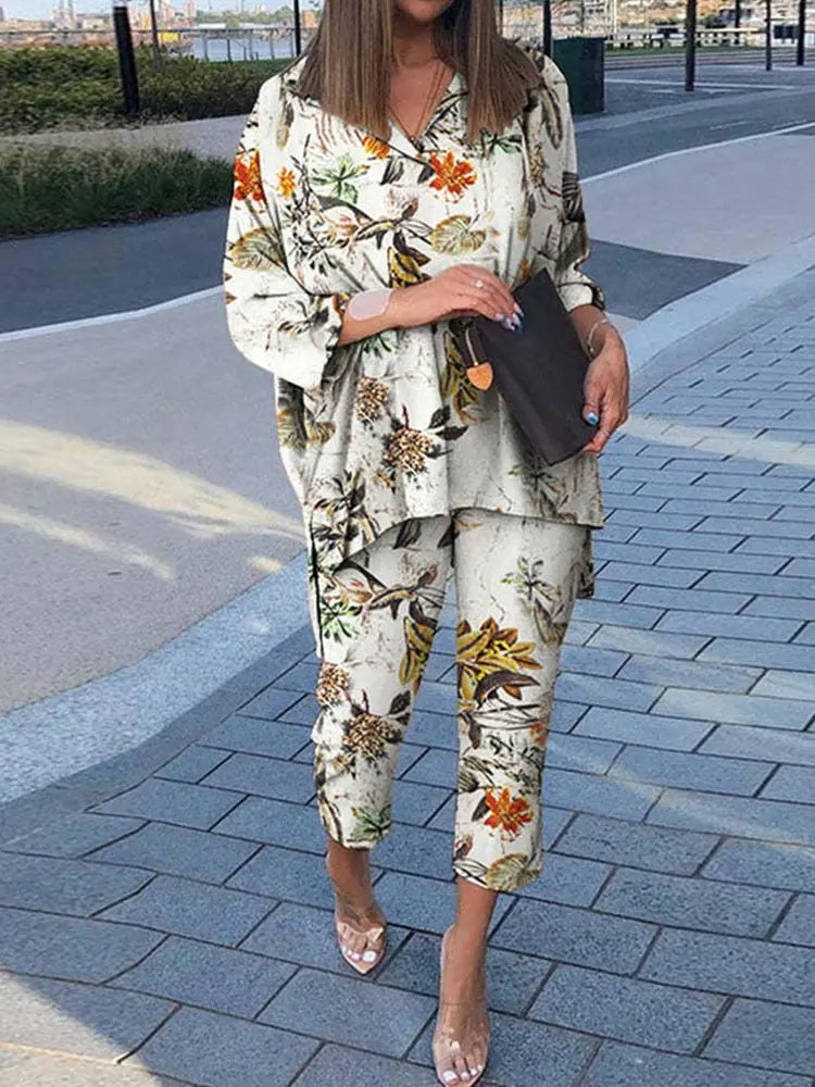 Spring Lapel Long Sleeve Shirt And Wide Leg Pants Suits Lomwn