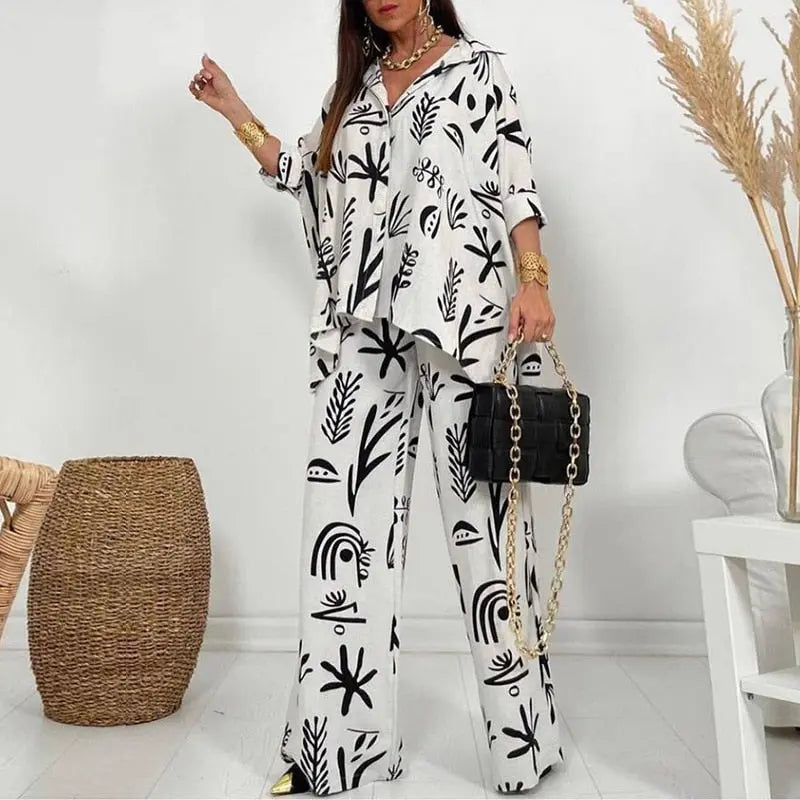 Spring Lapel Long Sleeve Shirt And Wide Leg Pants Suits Lomwn