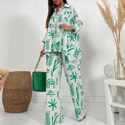 Spring Lapel Long Sleeve Shirt And Wide Leg Pants Suits Lomwn