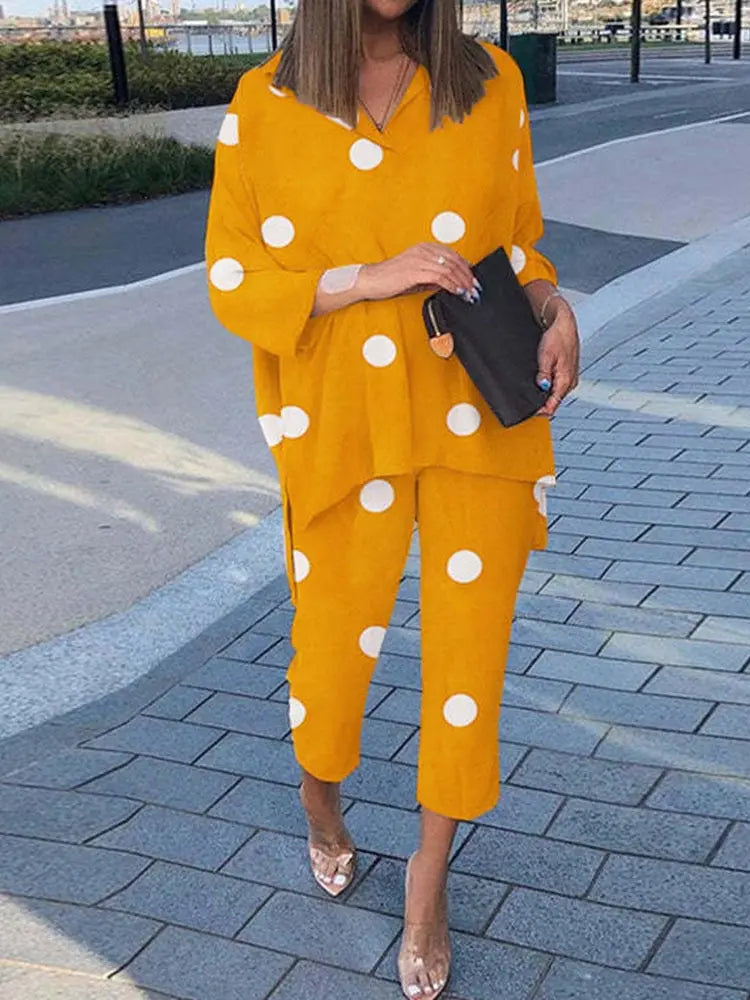 Spring Lapel Long Sleeve Shirt And Wide Leg Pants Suits Lomwn