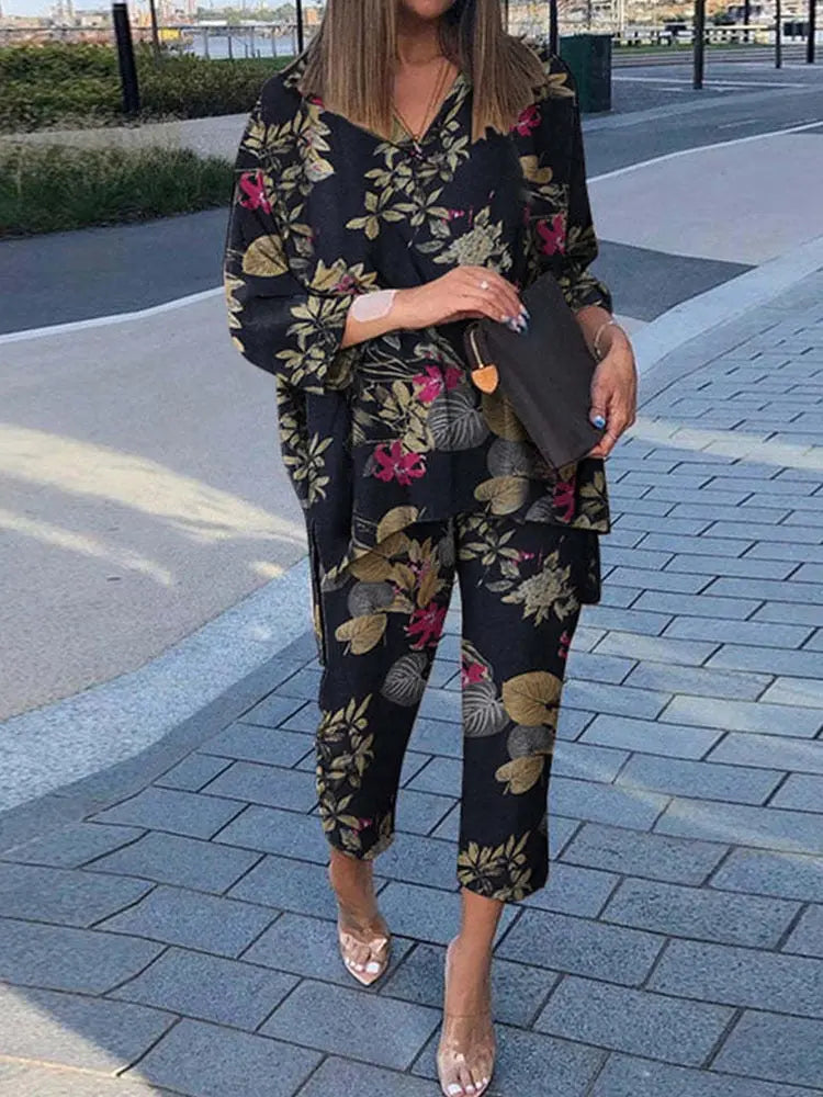 Spring Lapel Long Sleeve Shirt And Wide Leg Pants Suits Lomwn