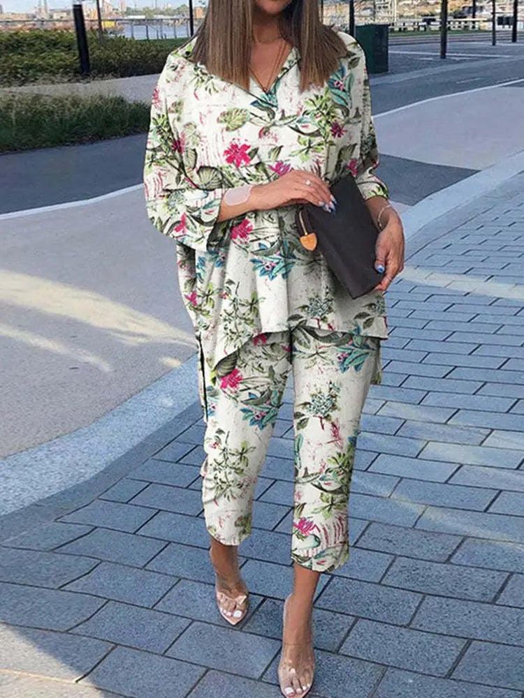 Spring Lapel Long Sleeve Shirt And Wide Leg Pants Suits Lomwn