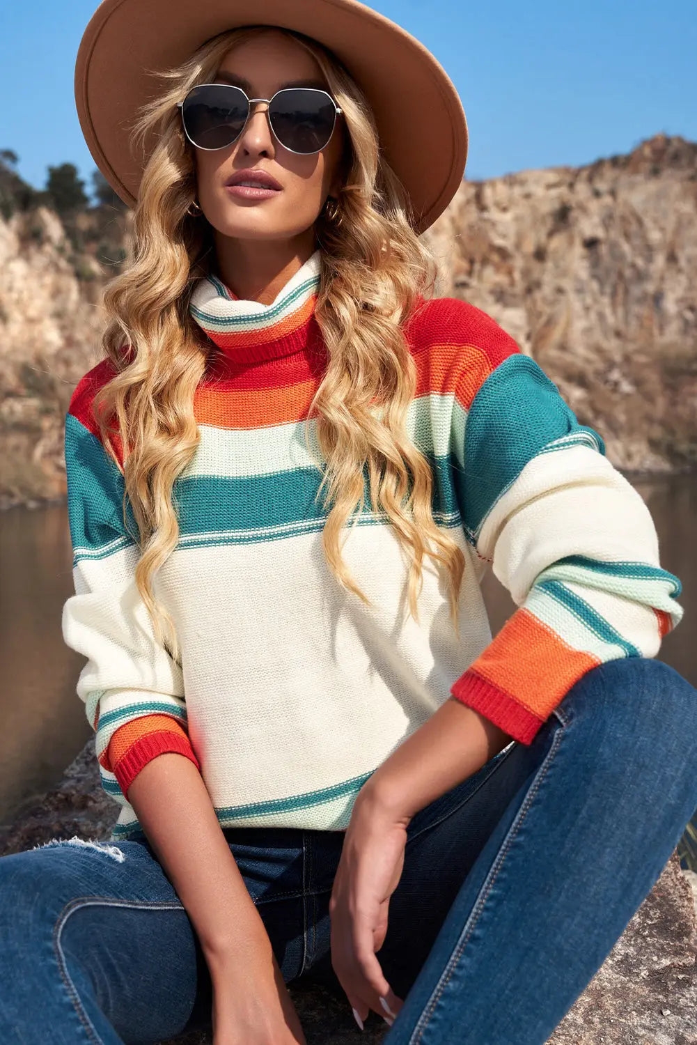 Striped Turtleneck Drop Shoulder Sweater Lomwn