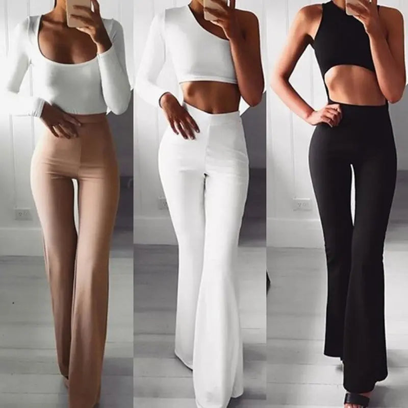 Summer Autumn Solid Elegant Female Lady Women&#39;s Palazzo Flared Wide Killer Legs Pants High Waist OL Ladies Career Long Trousers Lomwn