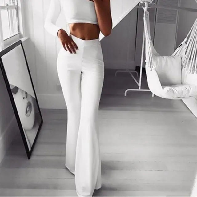 Summer Autumn Solid Elegant Female Lady Women&#39;s Palazzo Flared Wide Killer Legs Pants High Waist OL Ladies Career Long Trousers Lomwn
