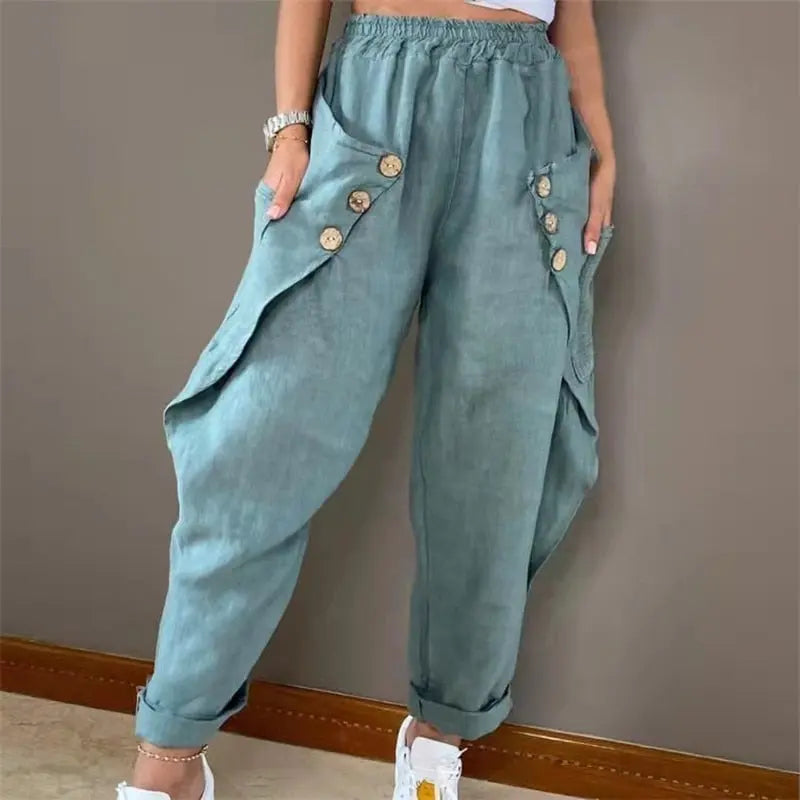 Summer New Casual Distressed Loose Trousers Button Patchwork Pockets Solid Color Mid Waist Fashion Black Harem Pants Women&#39;s Lomwn