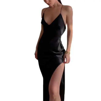 Summer Women Satin Silky Spaghetti Strap Split Long Dress Elegant Sleeveless Backless Club Party Beach Lomwn