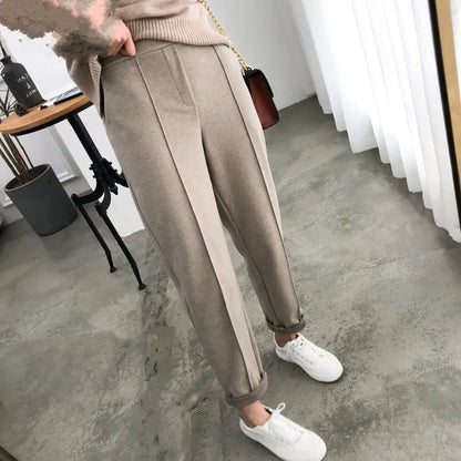 Thicken Women Pencil Pants 2022 Spring Winter Trousers OL Style Wool Female Work Suit Pant Loose Female Trousers Capris 6648 Lomwn