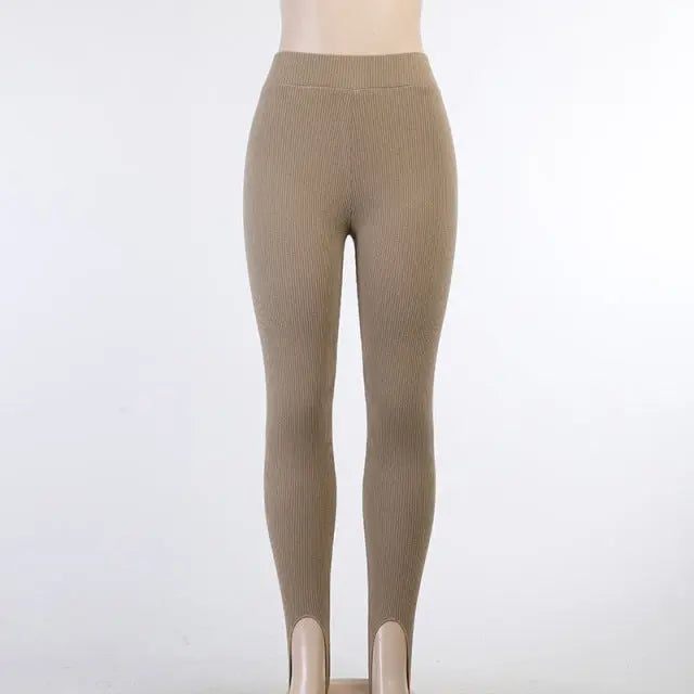 Tossy Beige Ribbed Knit Leggings Women High Waist Cotton Fitness Basic Pants Casual Spring New All-Match Female Skinny Leggings Lomwn