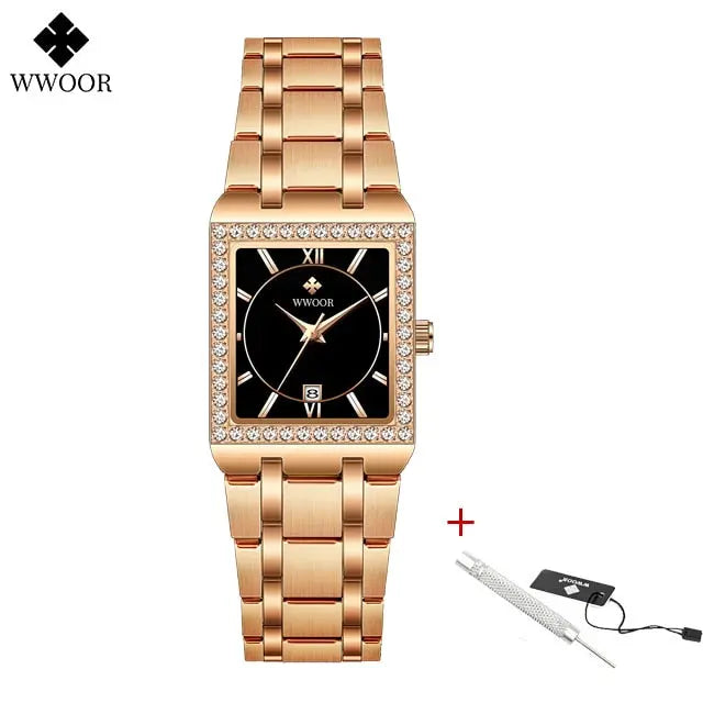 WWOOR Reloj New Fashion Ladies Diamond Watch Top Brand Luxury Square Wrist Watch Simple Women Dress Small Watch Relogio Feminino Lomwn