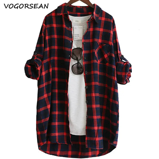 Women Blouse Shirt Loose Casual Plaid Shirts Long Sleeve Large Size Tops Womens Blouses Red Green 2021 Lomwn