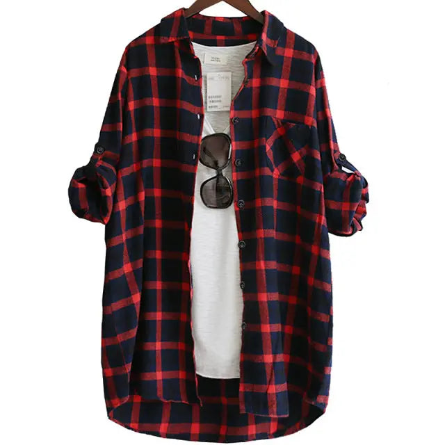 Women Blouse Shirt Loose Casual Plaid Shirts Long Sleeve Large Size Tops Womens Blouses Red Green 2021 Lomwn
