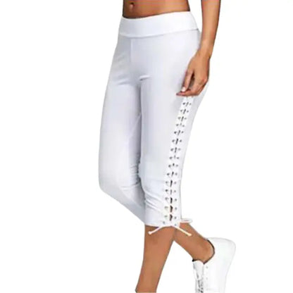 Women High Waist Cropped Trousers Pants Elastic Bandage Leggings Plus Size Lomwn
