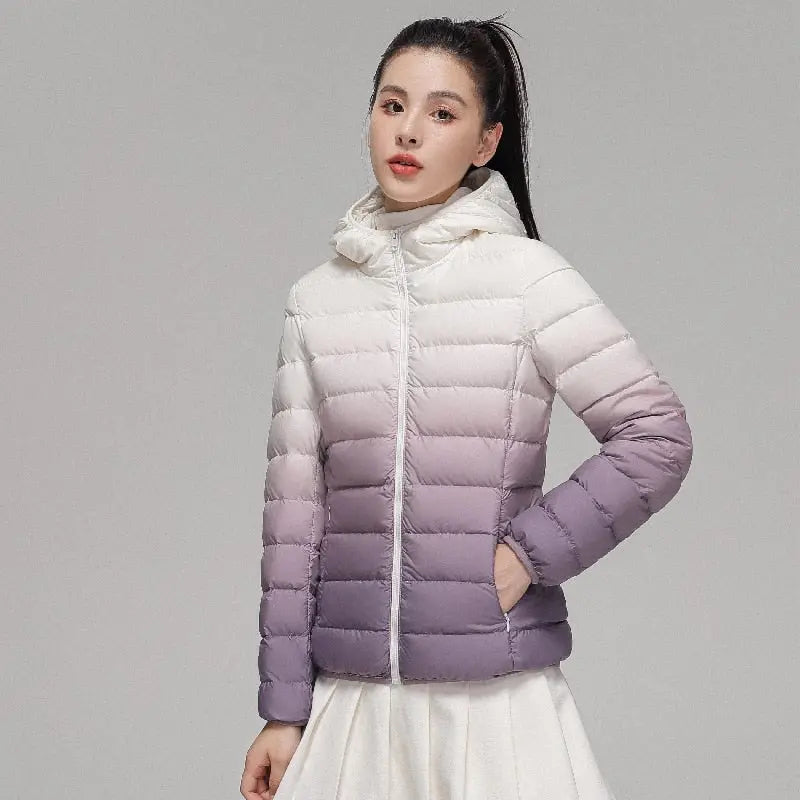 Women Luxury Designer Gradient Down Coats 2022  Autumn/Winter New Fashion Hooded Slim Fit Ultra Lightweight Keep Warm Jackets Lomwn