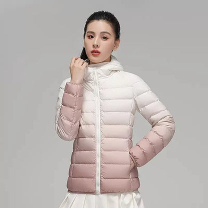 Women Luxury Designer Gradient Down Coats 2022  Autumn/Winter New Fashion Hooded Slim Fit Ultra Lightweight Keep Warm Jackets Lomwn