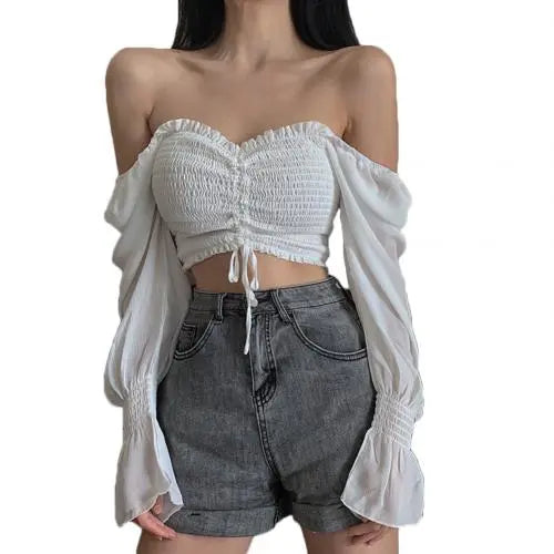 Women Tops And Bloues Sexy Women Long Sleeve Square Neck Shirt Drawstring Off Shoulder Blouse Crop Top Lomwn
