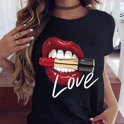 Women Tops O-neck Sexy Black Tees Kiss Lip Funny Summer Female Soft lomwan