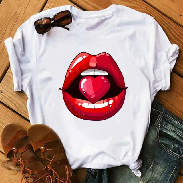 Women Tops O-neck Sexy Black Tees Kiss Lip Funny Summer Female Soft lomwan