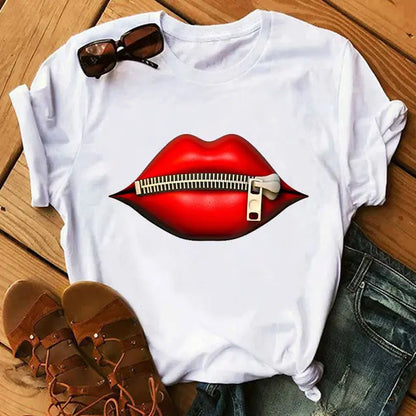 Women Tops O-neck Sexy Black Tees Kiss Lip Funny Summer Female Soft lomwan
