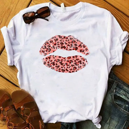 Women Tops O-neck Sexy Black Tees Kiss Lip Funny Summer Female Soft lomwan