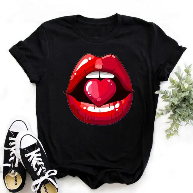 Women Tops O-neck Sexy Black Tees Kiss Lip Funny Summer Female Soft lomwan