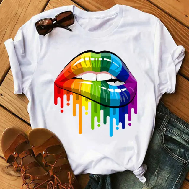 Women Tops O-neck Sexy Black Tees Kiss Lip Funny Summer Female Soft lomwan