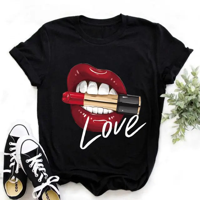 Women Tops O-neck Sexy Black Tees Kiss Lip Funny Summer Female Soft lomwan