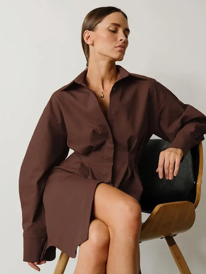 Women's Running Season Exaggerated Sleeve Front Button Point Collar Shirtdress Lomwn