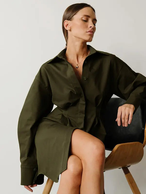 Women's Running Season Exaggerated Sleeve Front Button Point Collar Shirtdress Lomwn