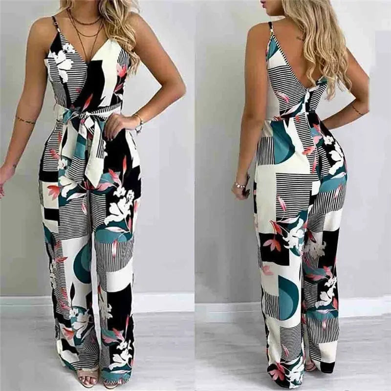 Womens Holiday Long Playsuit Fashion Floral Printed Sleeveless Backless Ladies Jumpsuit Spaghetti Strap Summer Beach Jumpsuits Lomwn