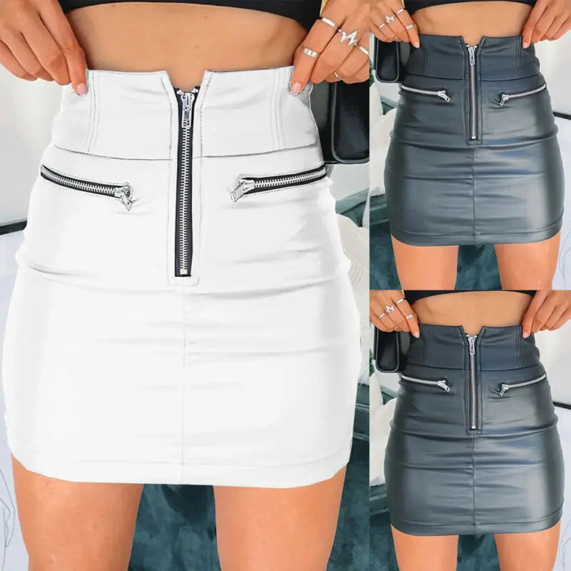 Womens PU Leather Zipper Skirt High Waist Pencil Evening Party Club Wear Fashion Bodycon Short Mini Skirt Lomwn