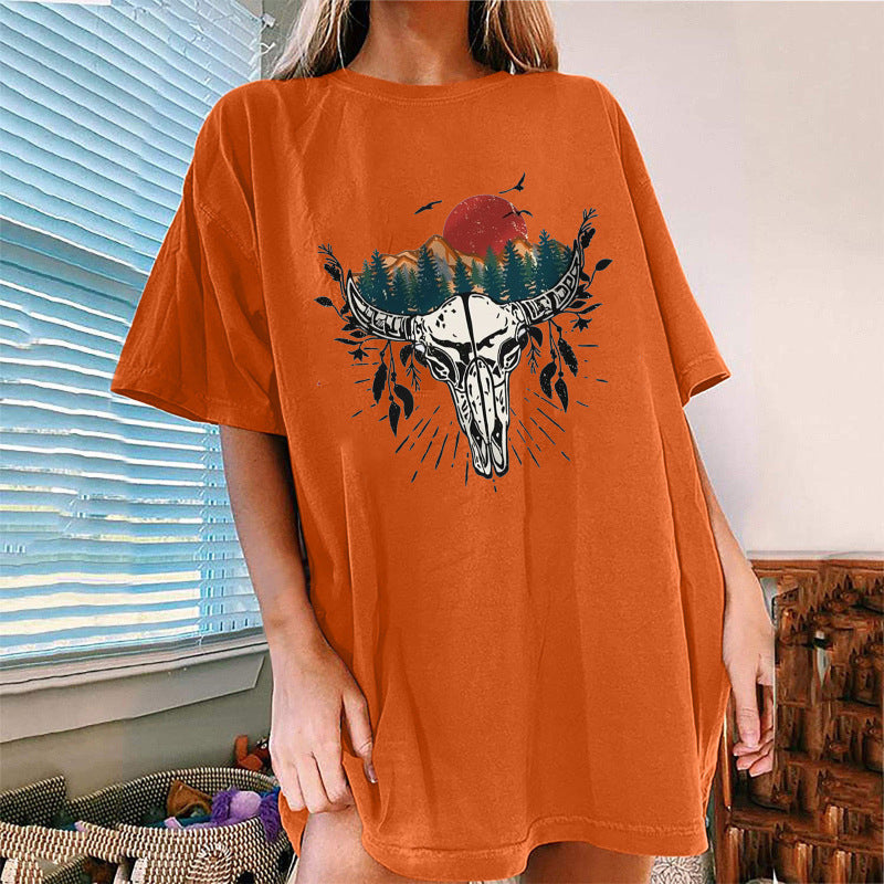 Women's Western Bullhead Print Short Sleeve T-Shirt kakaclo