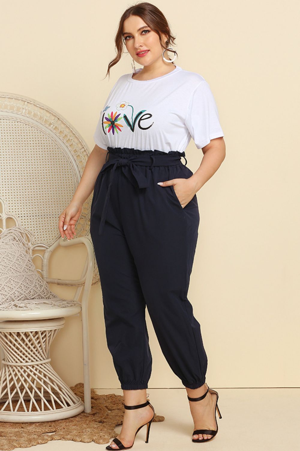 Graphic Tee and Belted Paperbag Joggers Set Trendsi