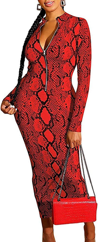 Xuan2Xuan3 Women'S Dresses Fall Long Sleeve Snake Printed Zipper Neck Knit Bodycon Evening Party Long Dress