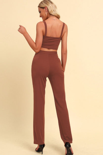 Chain Detail Cropped Cami and Straight Leg Pants Set Trendsi