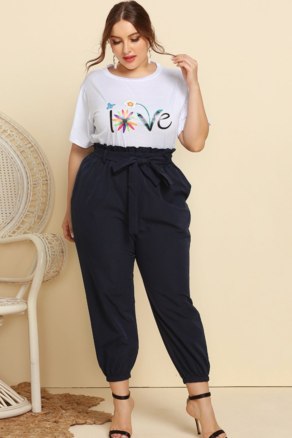 Graphic Tee and Belted Paperbag Joggers Set Trendsi