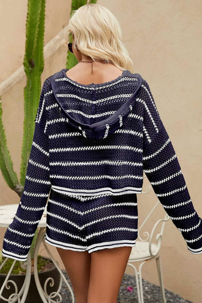 Striped Openwork Knit Hoodie and Shorts Set Trendsi