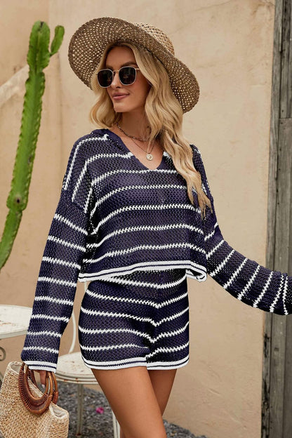Striped Openwork Knit Hoodie and Shorts Set Trendsi