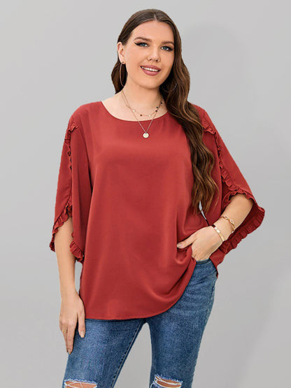 Plus Size Ladies Shirt Red Half Sleeve Loose Top kakaclo