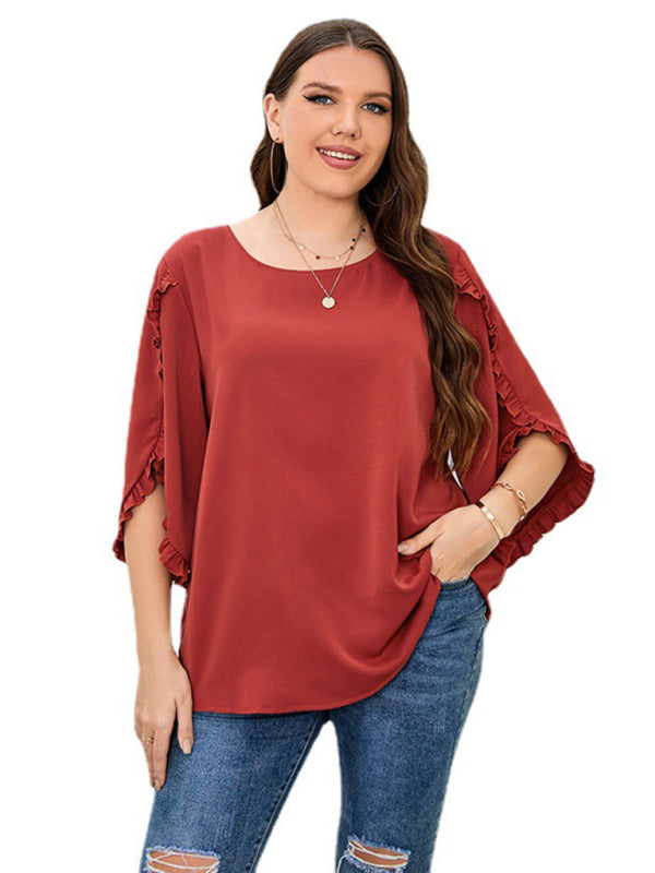 Plus Size Ladies Shirt Red Half Sleeve Loose Top kakaclo