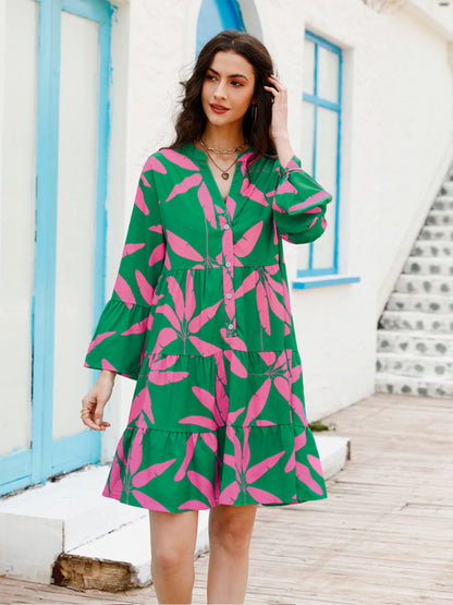 Women's floral print bell sleeve dress kakaclo