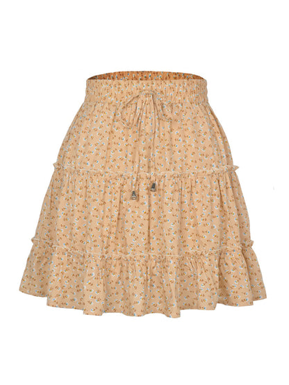 Ladies High Waist Ruffled Floral Printed A-Line Skirt kakaclo