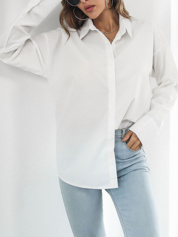Women's Long Sleeve Drop Shoulder Shirt With Sleeve Button Detail kakaclo