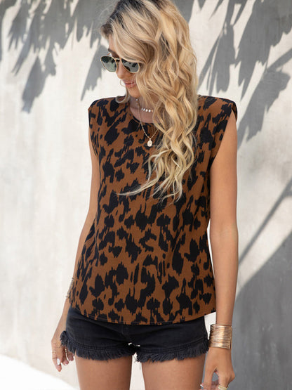 Women's Woven Fashion Casual Round Neck Leopard Print Sleeveless Tank Top kakaclo