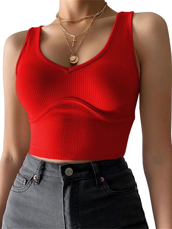 Women's V-Neck Stitching Stretch Solid Color Knit Tank Top kakaclo