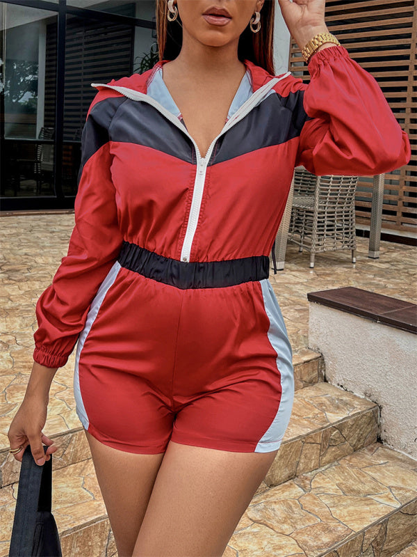 Women's Casual Splicing Contrast Color Zipper One-Piece Shorts kakaclo